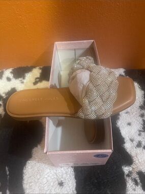 Sincerely Jules Tan Slide Sandal with Crystal Braided Strap